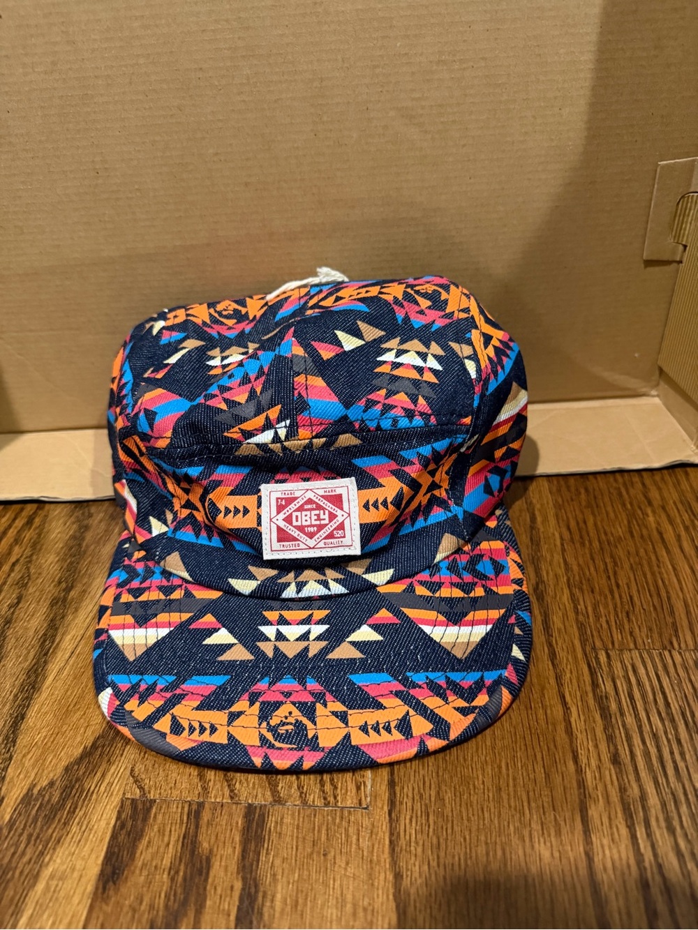 Obey Multicolor Geometric Five-Panel Cap in Navy Base